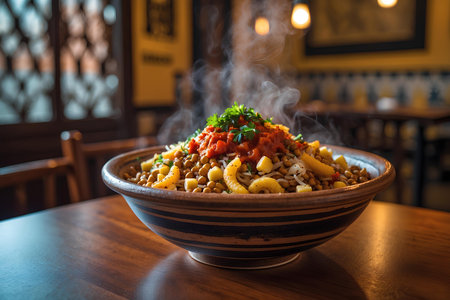 A bowl of bulgur with vegetables on a wooden table in a restaurantの素材