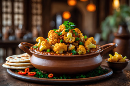 Cauliflower stew with lentils and vegetables in a clay potの素材