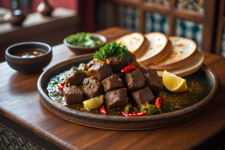 Beef stewed in spicy sauce with lemon and herbs on wooden tableの素材