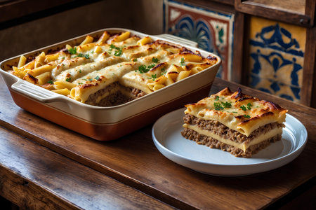 Baked lasagna with bolognese sauce on wooden tableの素材