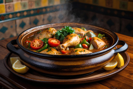 Chicken fillet stewed with vegetables and spices in a clay potの素材
