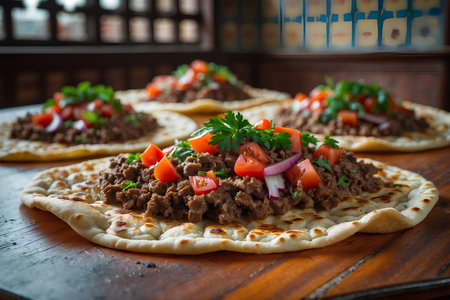 Traditional mexican tacos with beef, tomato, onion and parsleyの素材
