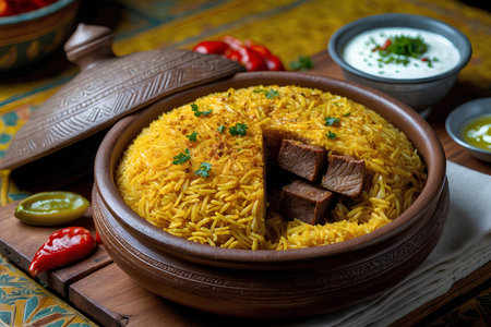Biryani is a popular Indian dish consisting of boiled rice, lamb or mutton served in a bowlの素材