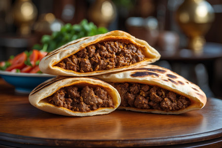 Traditional turkish baked dish pide. Turkish food pide, Middle eastern appetizers. Turkish cuisine. Pita with meat fillingの素材