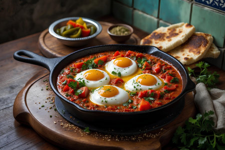 Shakshuka with tomatoes and egg in a frying pan.の素材