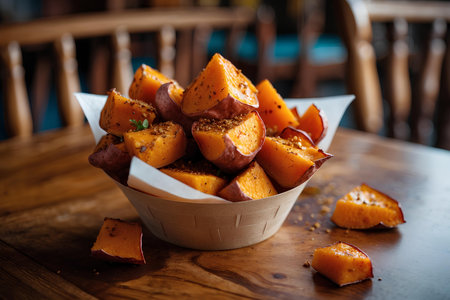 Baked sweet potatoes with honey and spices in a basket on the tableの素材