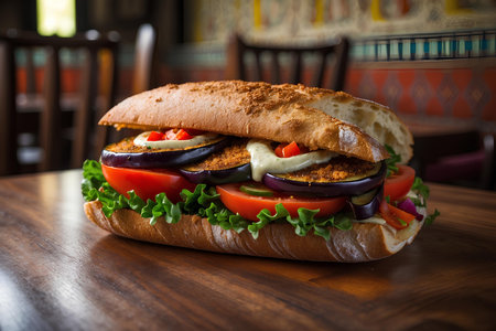 Vegetarian sandwich with eggplant, tomato and cucumber on wooden tableの素材