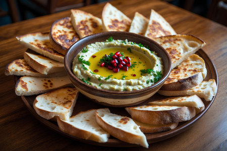 Bowl of hummus with pomegranate and pita breadの素材