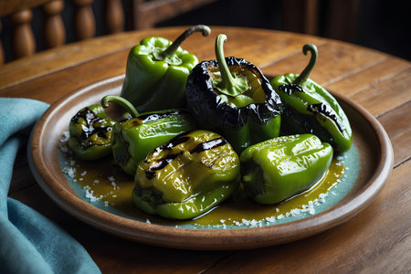 Stuffed Green Peppers with Salt and Pepper Sauce on wooden backgroundの素材