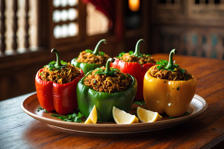 Stuffed peppers with meat, rice and vegetables on a wooden tableの素材
