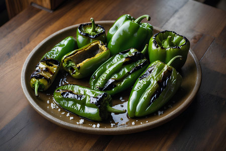 Green peppers with salt on a plate on a dark wooden background.の素材