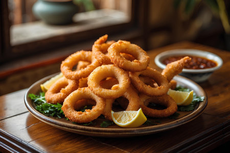 Fried squid rings with tomato sauce, lemon and parsley on a plateの素材