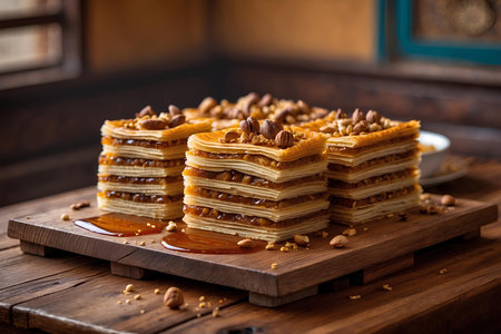 Stack of pancakes with caramel and nuts on a wooden tableの素材
