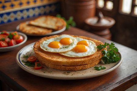 Fried eggs on toast with parsley and tomato on wooden tableの素材