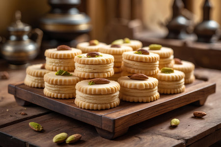Traditional oriental cookies with pistachios on a wooden background.の素材