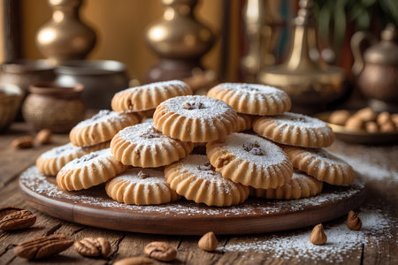 Homemade cookies with sugar powder on a wooden background. Selective focus.の素材