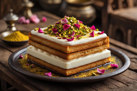 Traditional turkish dessert kadayif with pistachios and creamの素材
