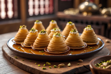 Pancakes with pistachios and cream on a wooden backgroundの素材