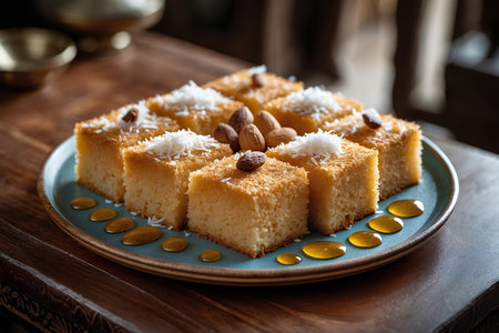 Coconut cake with almonds on a blue plate, selective focusの素材