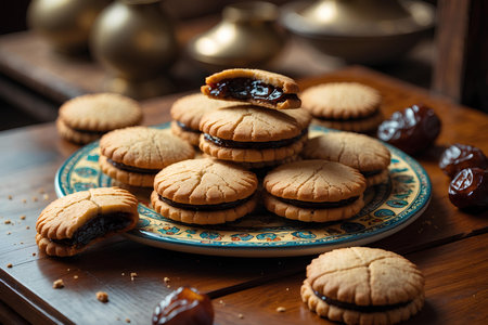 Cookies with raisins and dates on a plate, selective focusの素材