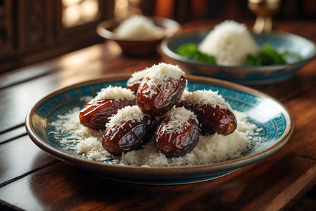Dates with rice on a plate on a wooden table, selective focusの素材