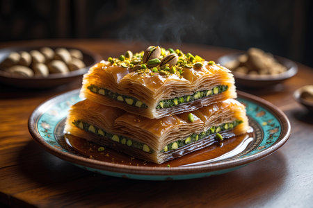 Traditional oriental dessert baklava with pistachios and honeyの素材