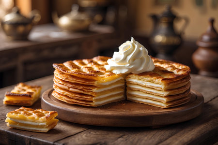 Stack of pancakes with whipped cream on a wooden board. Rustic style.の素材