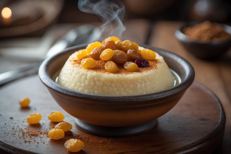 Creme brulee with raisins and cinnamon in a bowlの素材