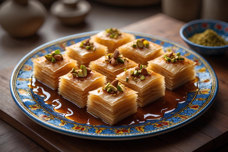 Traditional turkish dessert baklava with cashew, walnuts. Homemade baklava with nuts and honey.の素材