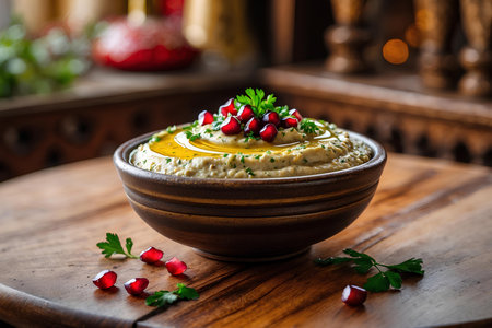 Bowl of hummus with pomegranate and parsleyの素材