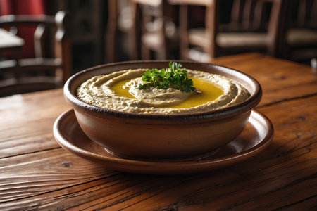 Bowl of hummus with parsley on rustic wooden tableの素材