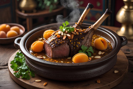 Stewed lamb leg with caramelized apricots and pine nutsの素材