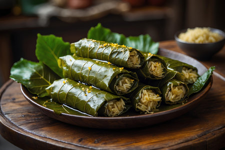 Stuffed leaves with rice on wooden background. Thai traditional food.の素材