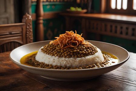 Curry rice with lentils and carrot on a wooden table.の素材