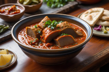 Indian chicken tikka masala in a bowl on wooden tableの素材