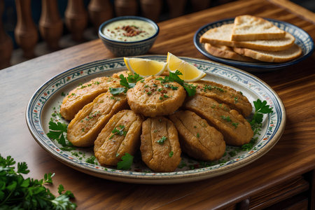 Fried codfish with lemon and parsley on a plate.の素材