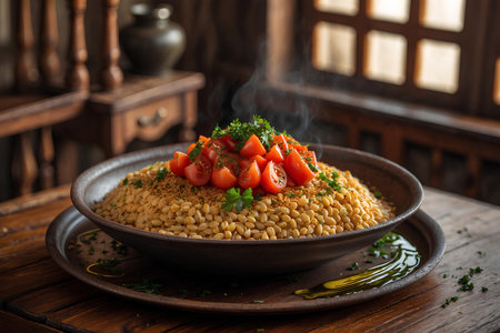 Risotto with tomato and parsley on a wooden table.の素材