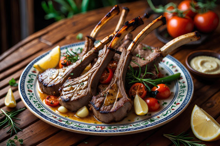 Grilled lamb chops with rosemary, cherry tomatoes and lemon.の素材