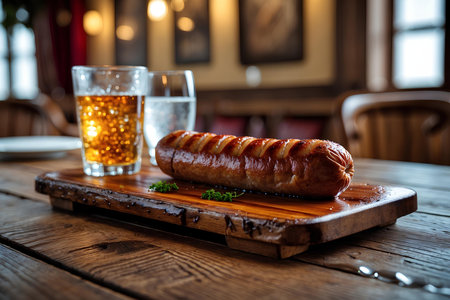 Grilled sausages on a wooden board with a glass of colaの素材