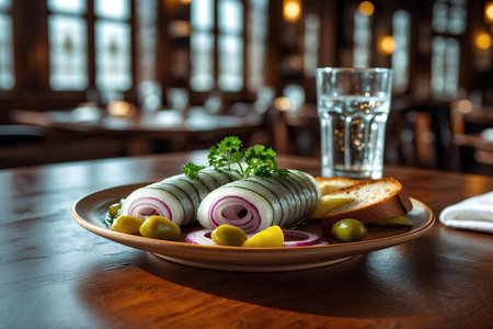 sandwich with cucumber and red onion on a plate in a restaurantの素材