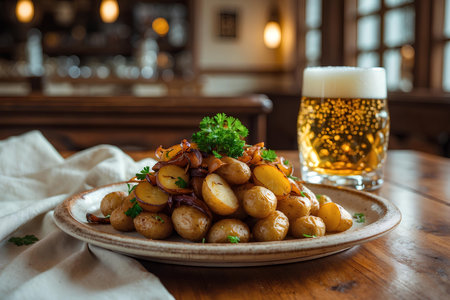 Fried potatoes with onion and cola on a wooden table in a pubの素材