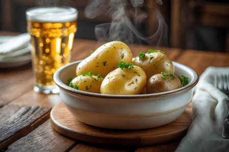 Boiled potatoes with parsley in a bowl on a wooden tableの素材