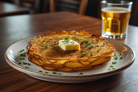 Potato pancake with butter and cola on a wooden table.の素材