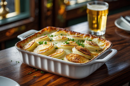 Potato gratin with cheese and parsley on a wooden tableの素材