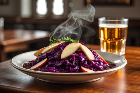Red Cabbage Salad with Apple and tea on a Wooden Table.の素材