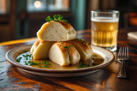 Potato dumplings with sour cream and parsley on a plateの素材