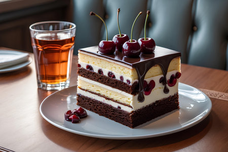 A piece of chocolate cake with cherries and a glass of teaの素材
