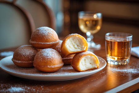 Delicious donuts with sugar powder and two glasses of white colaの素材