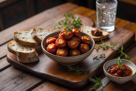 Bowl of roasted tomatoes with tomato sauce and bread on wooden tableの素材