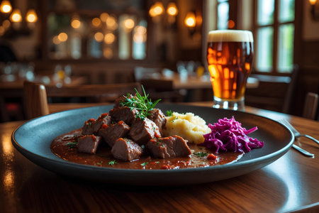 Beef stew with mashed potatoes and red cabbage on a black plateの素材